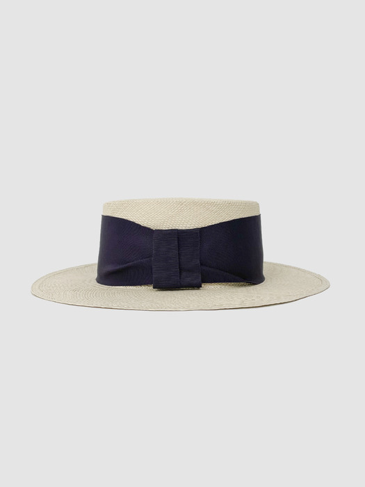 French Bold Ribbon Panama Hat Boater NAVY