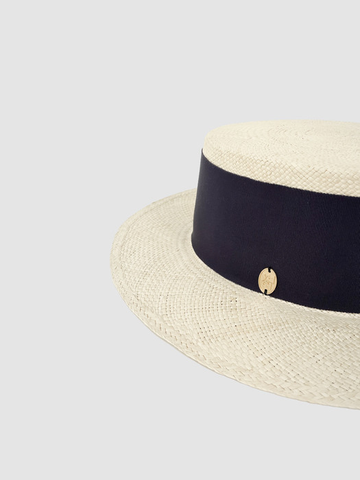 French Bold Ribbon Panama Hat Boater NAVY