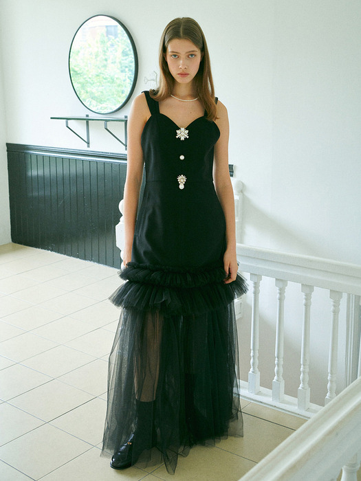 [주문제작][EJnolee White Flame] Jewelry-Embellished Black Tulle Dress