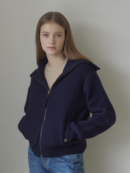 Wool Blend Knit Zip UP - Navy