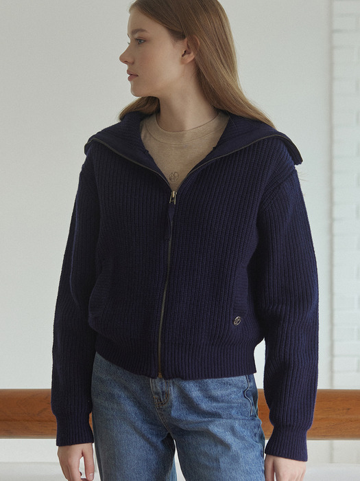 Wool Blend Knit Zip UP - Navy