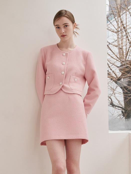 Tweed Pearl Button Jacket Set Up -Pink