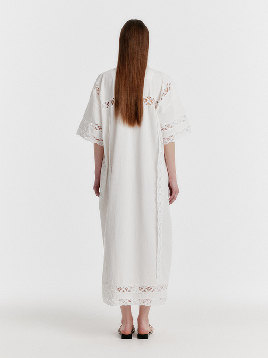 YON Lace-trim Half-sleeve Dress - White