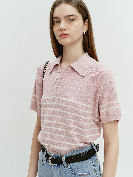 UNISEX COLLARED STRIPE KNIT SOFT PINK_UDSW4B129P1