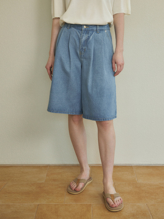 W/Bermuda Two-Tuck Washed Denim Pants 4color