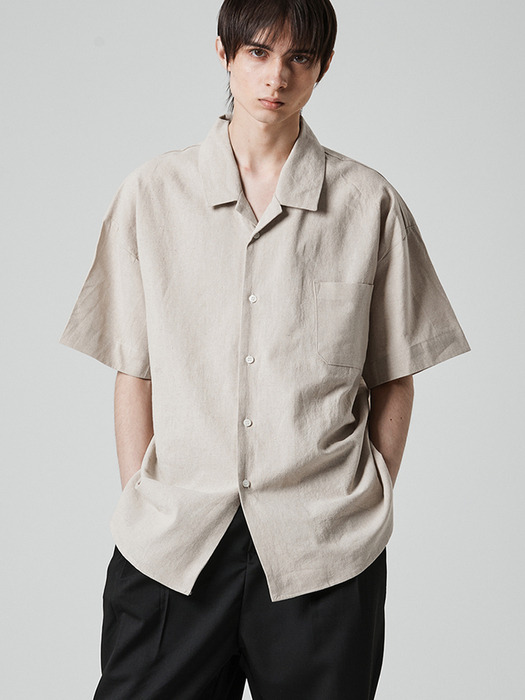 LINEN OPEN COLLAR 1/2SHIRTS_OATMEAL