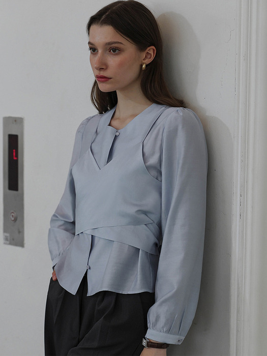 Day Layered Wrap Blouse [Pale Blue]