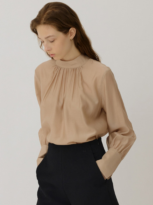 CLAIRE high neck tie collar sheer blouse_Rose Wood