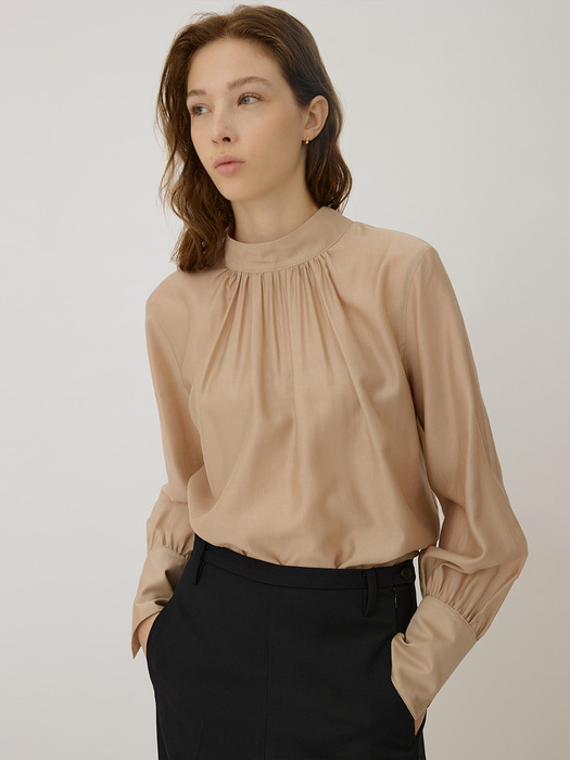 CLAIRE high neck tie collar sheer blouse_Rose Wood