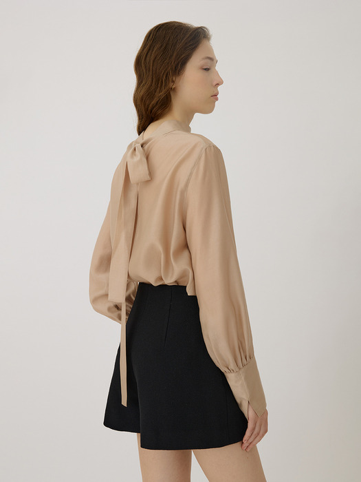 CLAIRE high neck tie collar sheer blouse_Rose Wood