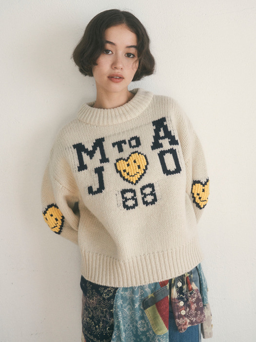 Smiley Hearts Wool Knit [Ivory]