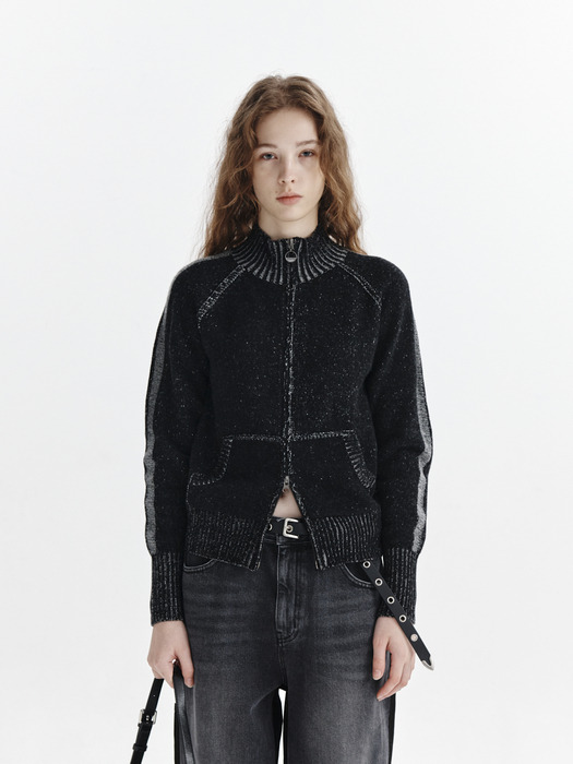 TWO TONE MIXED KNIT ZIP UP FOR WOMEN IN BLACK