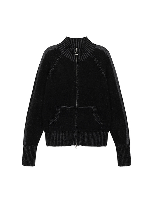 TWO TONE MIXED KNIT ZIP UP FOR WOMEN IN BLACK