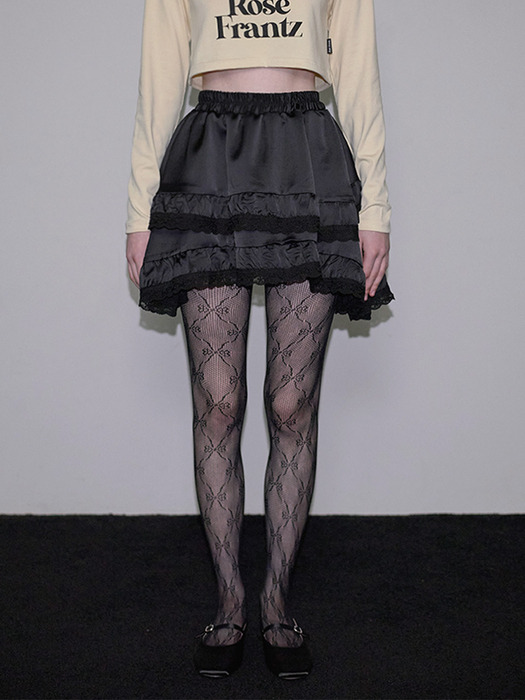 Satin Lace Layered Mini Skirt [Black]