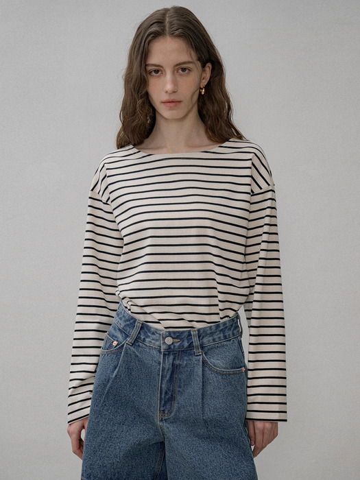 SITP5192 루즈 핏 ST 보트넥 티셔츠_Black stripe