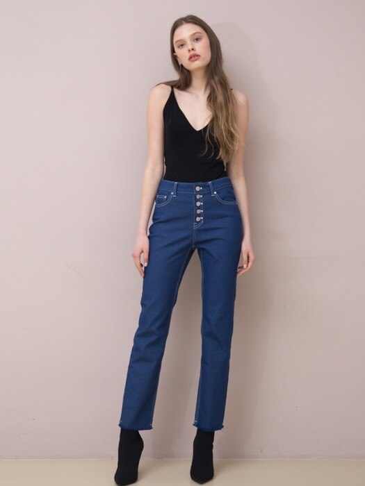 Button Fly Cropped Jeans (Blue)