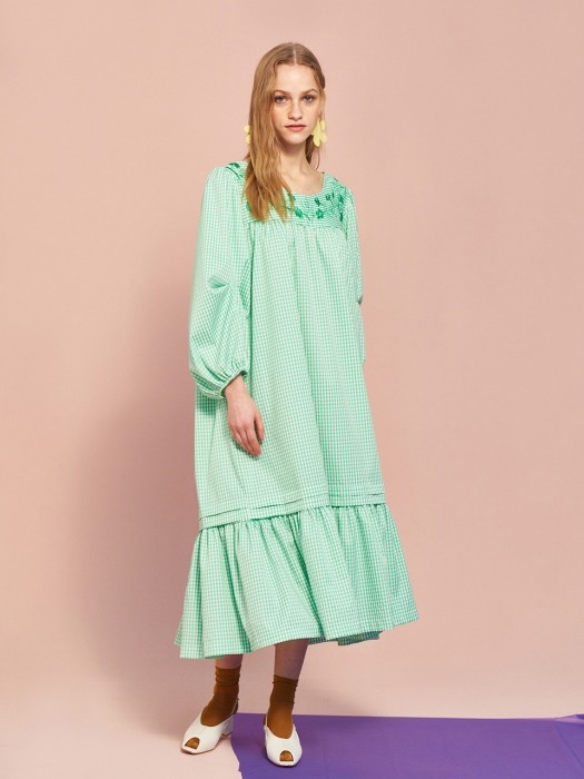 Gingham Embroidery Dress in Yellow Green