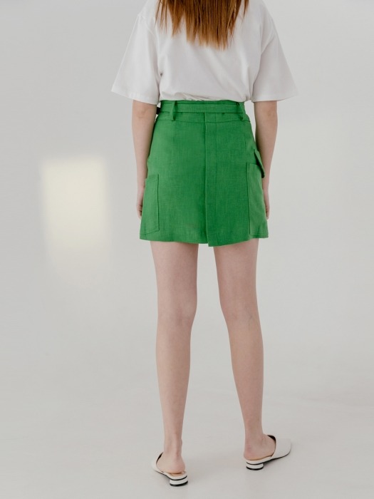 Linen asymmetric pocket belted skirt in green