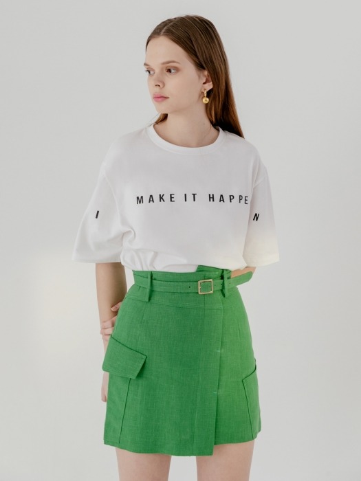 Linen asymmetric pocket belted skirt in green