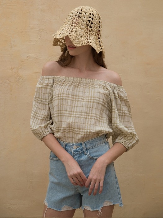 Off Shoulder Check Blouse Khaki