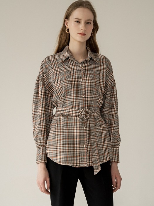comos233 check belt blouse  (brown)