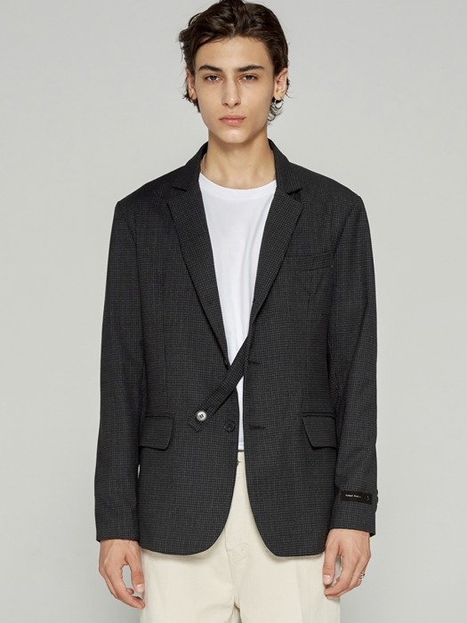 WOOL HIDDEN STRAP CHECK SINGLE BLAZER DARK GREY