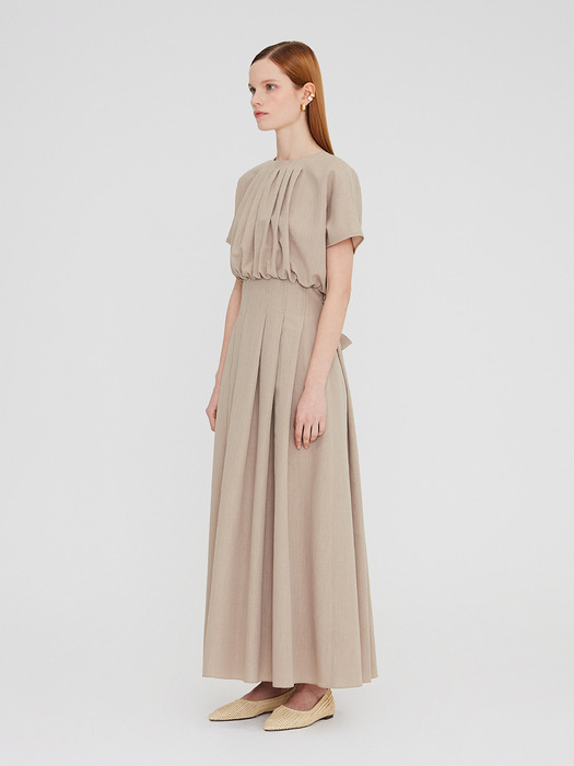 20SS PLEATED LONG DRESS WITH TUCK DETAIL - BEIGE
