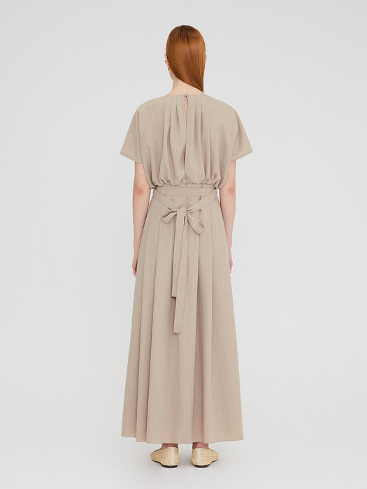 20SS PLEATED LONG DRESS WITH TUCK DETAIL - BEIGE