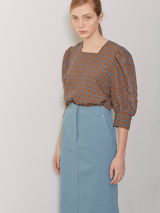 REESE_Square Neck Volume Sleeved Blouse_Brown Check