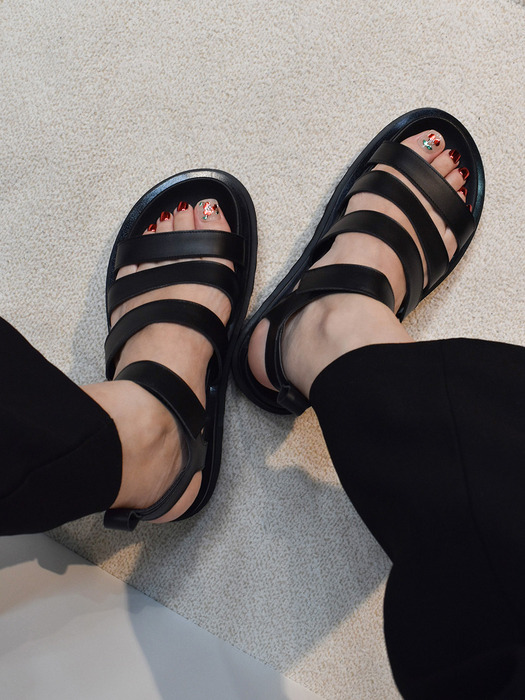 Three Strap Velcro Platform Sandal-Black