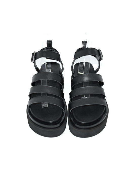 Three Strap Velcro Platform Sandal-Black
