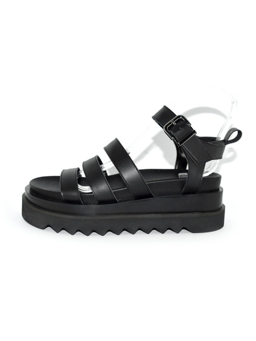 Three Strap Velcro Platform Sandal-Black