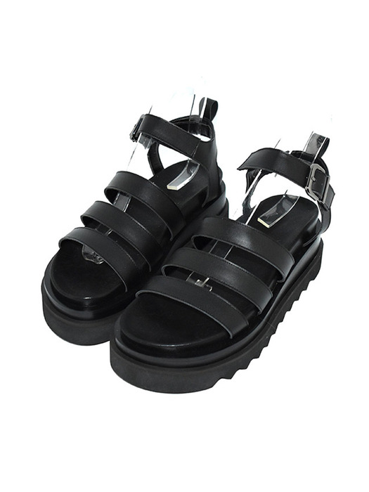 Three Strap Velcro Platform Sandal-Black