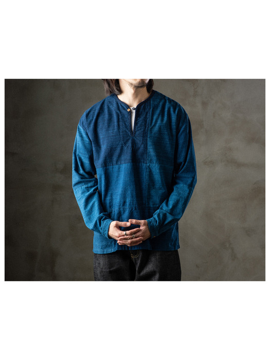 Patchwork indigo collarless tunic shirt (natural indigo dyeing)