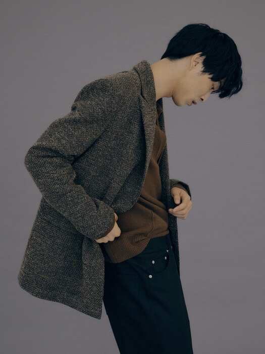  For men, Peaked Lapel Open Wool Jacket / Brown Tweed