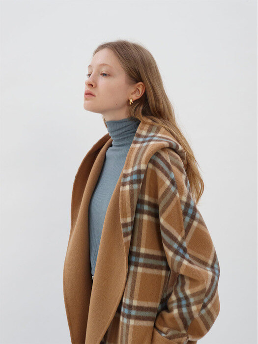 Reversible Hood Hand-made Coat_Camel&Blue Check