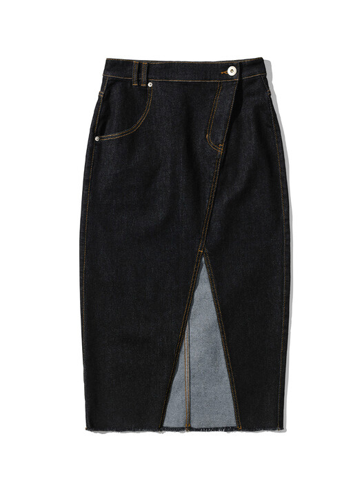 FRONT CUT DENIM LONG SKIRT [BLACK]