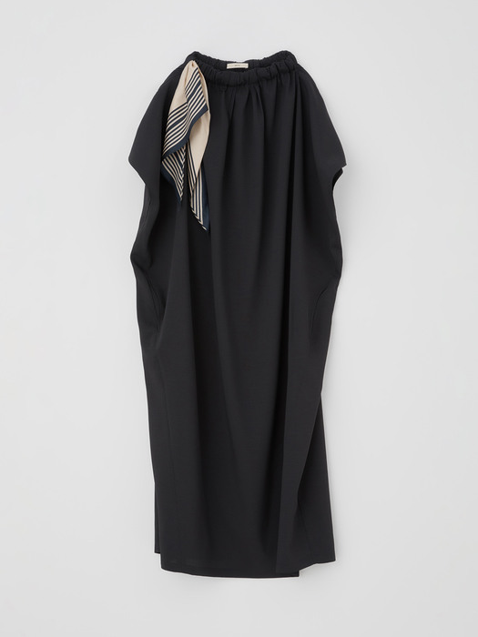 GATHERED TIE-NECK DRESS (BLACK)