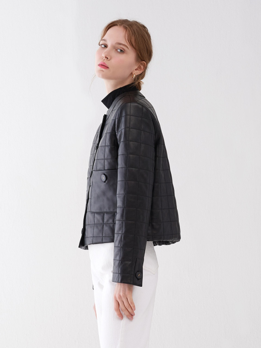 LAMB SKIN QUILTING NO COLLAR CROP JACKET BLACK