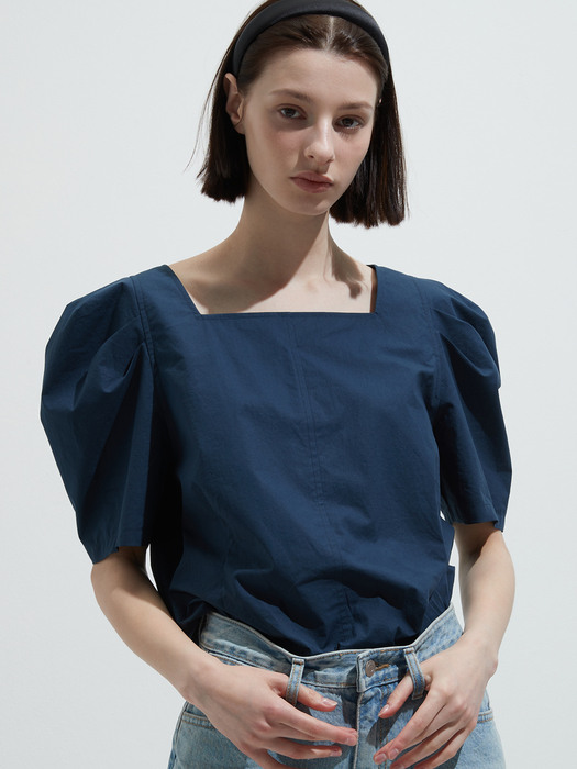 Square neck cotton top - Navy