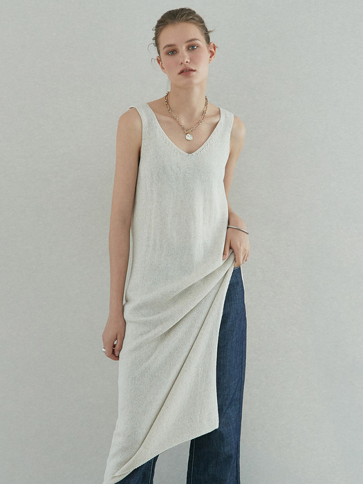 OU668 linen slit v neck knit ops (linen)