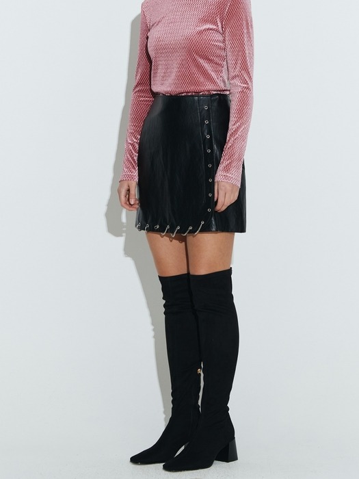 Wrap Eyelet Detail Skirt [Black Leather]