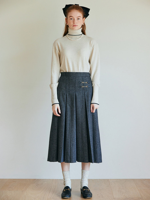Wool Herringbone Pleat Skirt_CHH