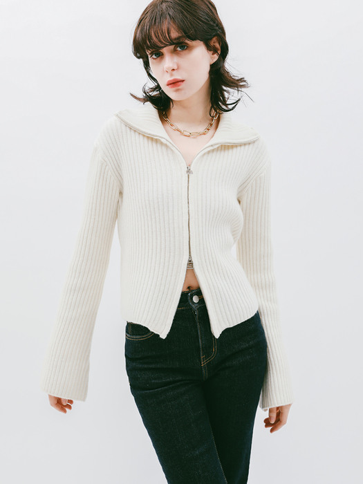Wide Ribbed Full Zip-up Knit Cream