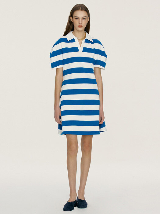 [N]POLOLU V-neck collar stripe short dress (Blue)