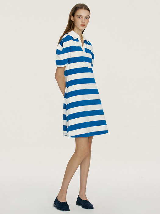 POLOLU V-neck collar stripe short dress (Blue)