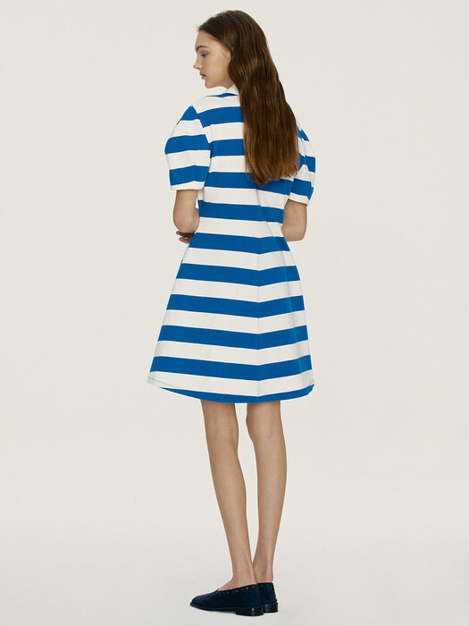 POLOLU V-neck collar stripe short dress (Blue)
