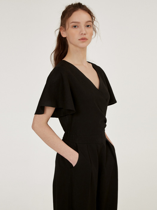 LINEN BLENDED SHORT SLEEVE JUMP SUIT [Black]