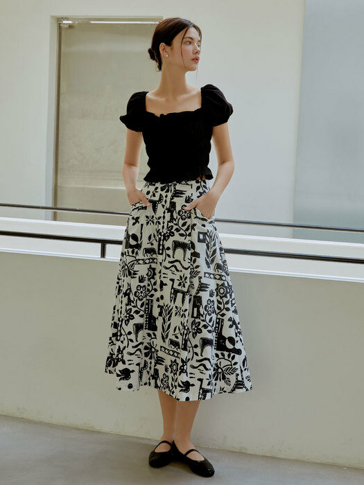 Pattern flare long skirt (black)