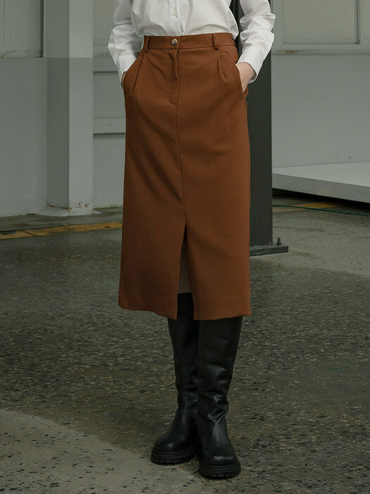 SIST9012 muse side banding long skirt_Brown